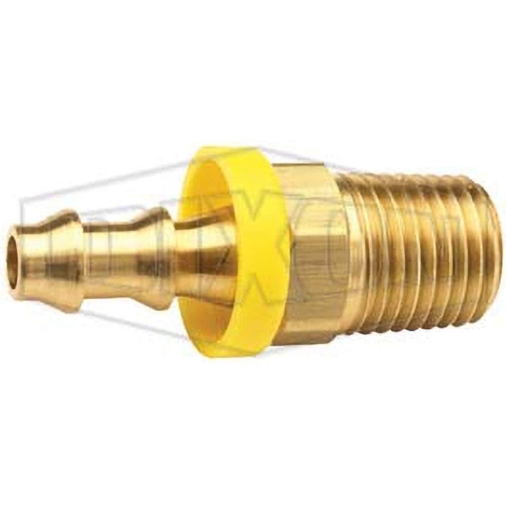 Push-on Barbed Hose Fitting: 1/4" Male NPTF, Brass, 1/4" Barb