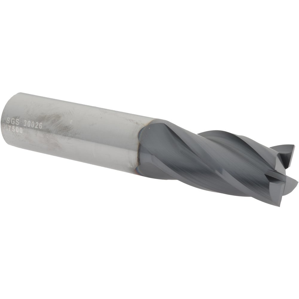 SGS 30026 Square End Mill: 3/4 Dia, 1-1/2 LOC, 3/4 Shank Dia, 4 OAL, 4 Flutes, Solid Carbide Image