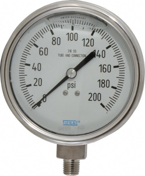 Wika 9832399 Pressure Gauge: 4" Dial, 1/4" Thread, Lower Mount 