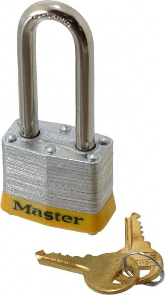 Master Lock 3KALHYLW-3489 Lockout Padlock: Keyed Alike, Laminated Steel, 2" High, Steel Shackle, Yellow 