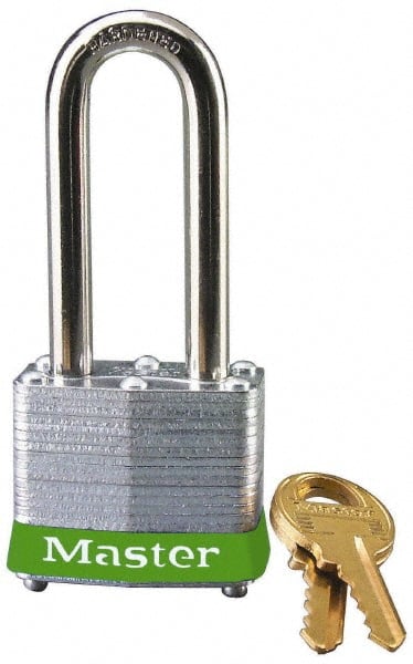 Master Lock 3LHGRN Lockout Padlock: Keyed Different, Laminated Steel, 2" High, Steel Shackle, Green 
