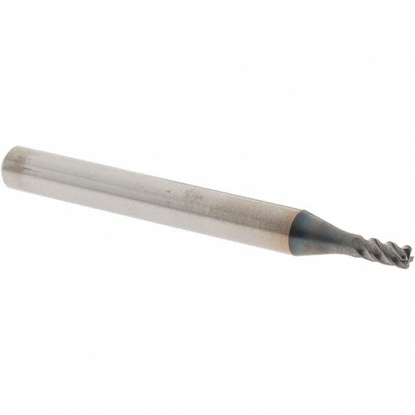 Corner Radius End Mill: 3.00 mm Dia, 5.00 mm LOC, 0.50 mm Radius, 4 Flute, Solid Carbide - 60.0000 mm OAL, 6.0000 mm Shank Dia, 45.00 deg Helix, WXS Finish, Single End, Series 4571, Centercutting