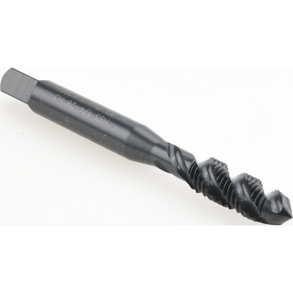 Spiral Flute Tap: 1/4-28 UNF, 3 Flutes, Plug, 3B Class of Fit, High Speed Steel, Bright/Uncoated