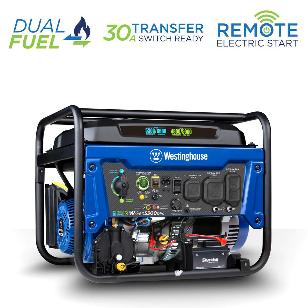 Westinghouse - Portable Power Generators: Fuel Type: Gasoline, Propane;  Starting Method: Electric Start, Recoil, Remote Start; Running Watts: 5.3;  Wattage (kW): 6.6 | MSC Direct