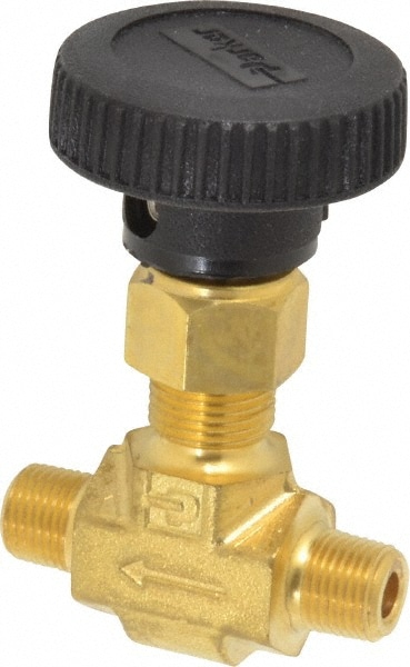 Parker 2M-V4LN-B Needle Valve: Round Handle, Straight, 1/8" Pipe, MNPT x MNPT End, Brass Body, Polytetrafluoroethylene Seal Image