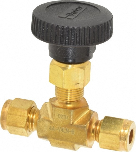 Parker 4A-V4LN-B Needle Valve: Round Handle, Straight, 1/4" Pipe, Compression End, Brass Body, Polytetrafluoroethylene Seal Image