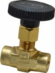 Parker 4F-V6LN-B Needle Valve: Round Handle, Straight, 1/4" Pipe, FNPT x FNPT End, Brass Body, Polytetrafluoroethylene Seal Image