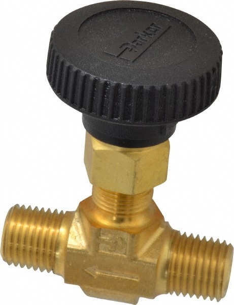 Parker 4M-V4LN-B Needle Valve: Round Handle, Straight, 1/4" Pipe, MNPT x MNPT End, Brass Body, Polytetrafluoroethylene Seal Image