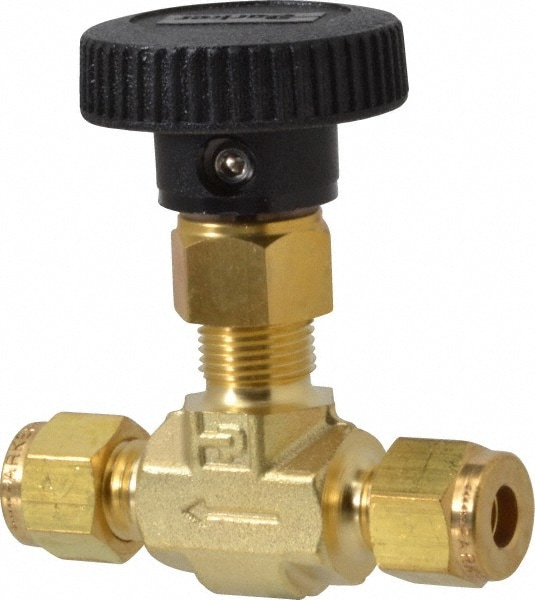 Parker 4Z-V4LN-B Needle Valve: Round Handle, Straight, 1/4" Pipe, Compression x Compression End, Brass Body, Polytetrafluoroethylene Seal Image