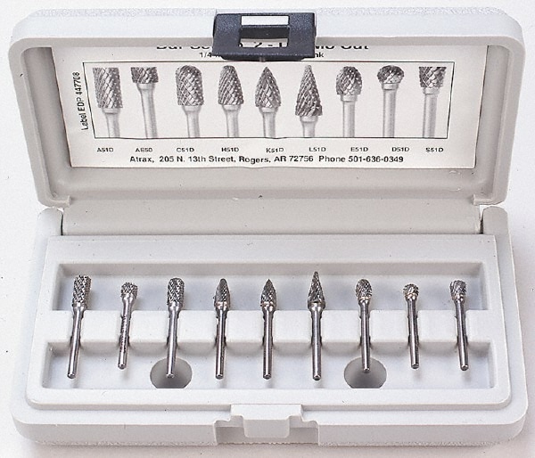 9 Pc Single Cut Burr Set with Ball, Cylinder, Cylinder w/Rad End, Flame, Oval, Taper, Tree w/Pointed End, Tree w/Rad End