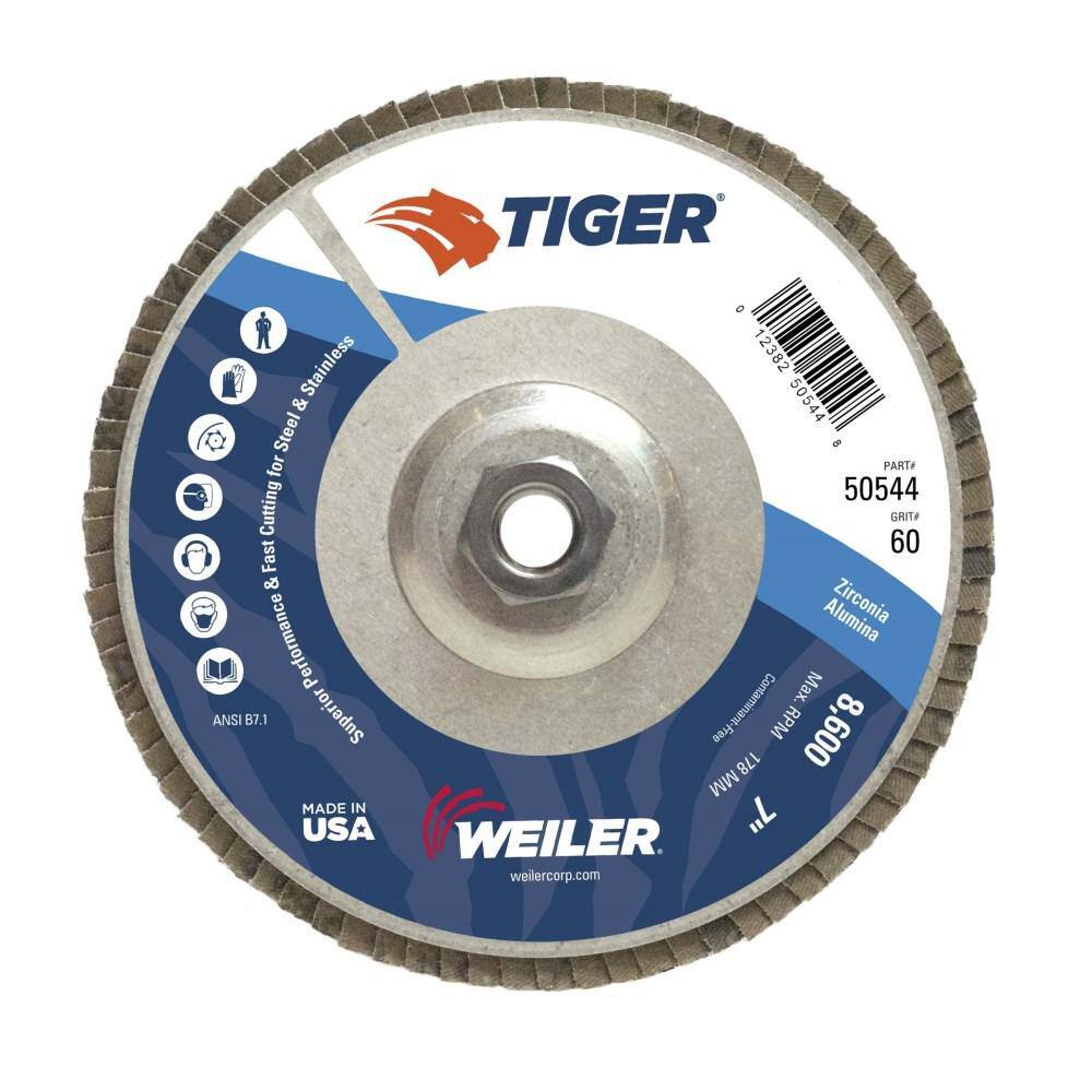 Weiler 50544 Flap Disc: 7" Dia, 5/8-11 Hole, 60 Grit, Zirconia Alumina, Type 29 