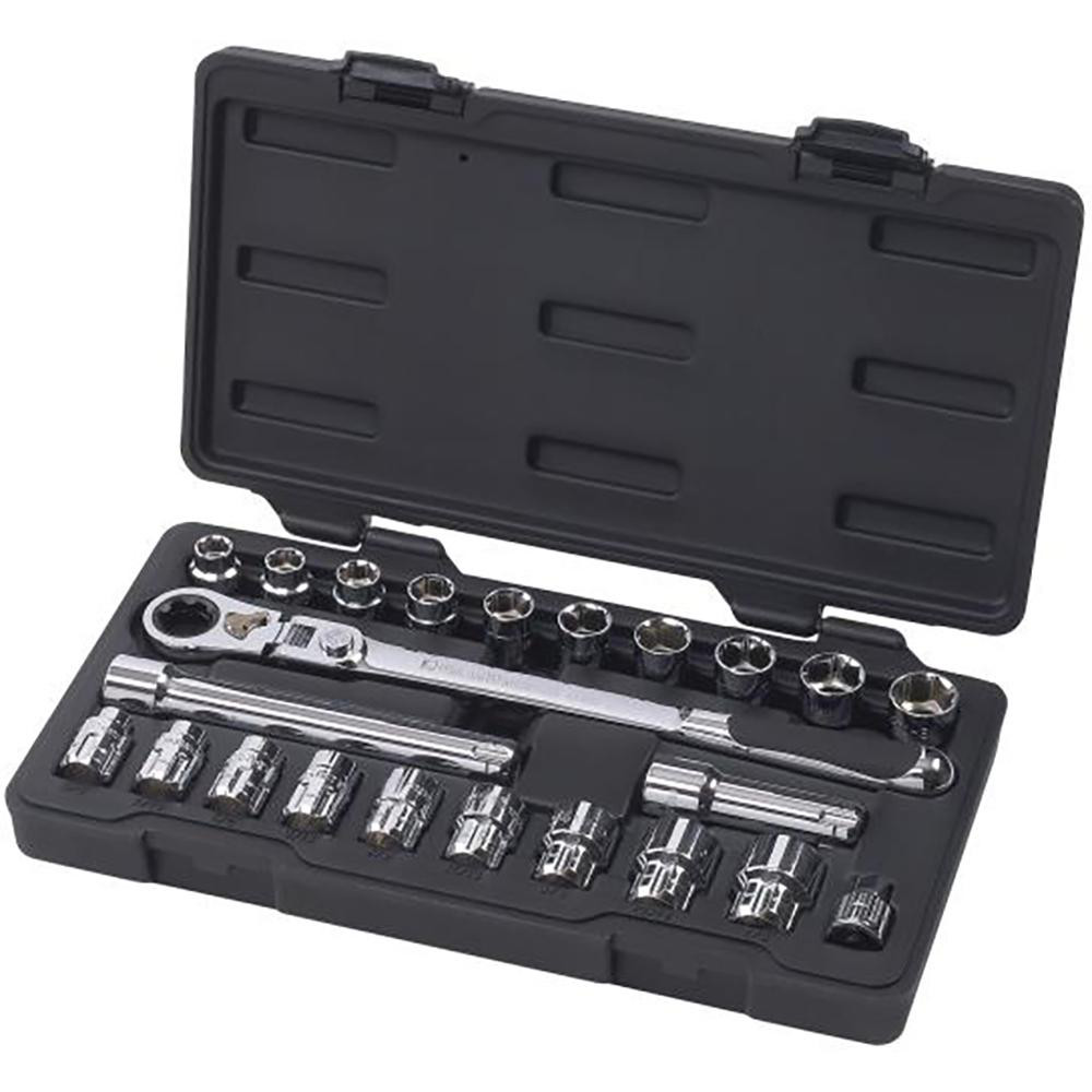 Socket Set: Pass Through Standard, 23 Pc, 3/8" Drive, 3/8 to 7/8", 10.00 to 19.00 mm - 6 Point, Chrome
