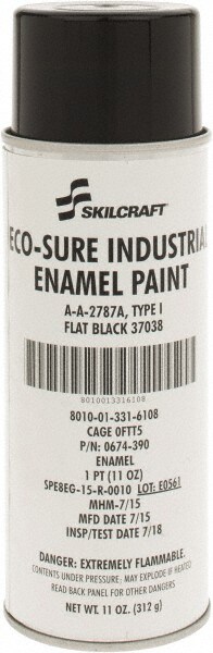 Enamel Spray Paint: Black, Flat, 11 oz