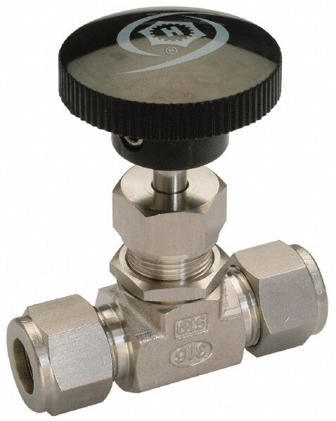 Needle Valve: Round Knob Handle, Straight, 1/4" Pipe, Compression x Compression End, Stainless Steel Body