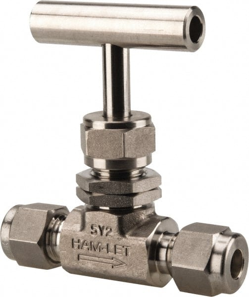 Ham-Let 3204806 Needle Valve: T-Handle, Straight, 1/4" Pipe, Compression x Compression End, Stainless Steel Body 