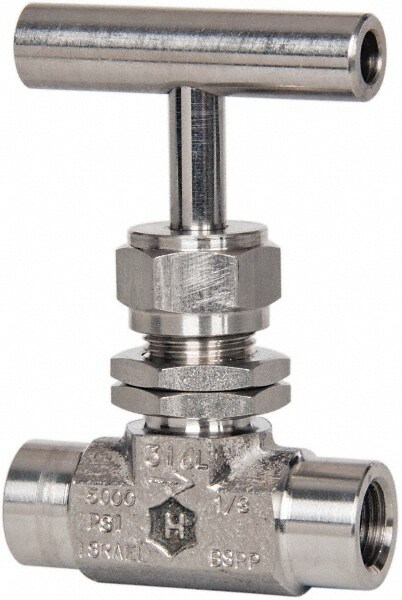 Needle Valve: T-Handle, Straight, 1/8" Pipe, FNPT x FNPT End, Stainless Steel Body