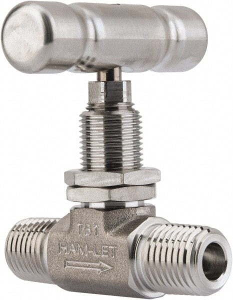 Ham-Let 3204918 Needle Valve: T-Handle, Straight, 1/4" Pipe, MNPT x MNPT End, Stainless Steel Body 