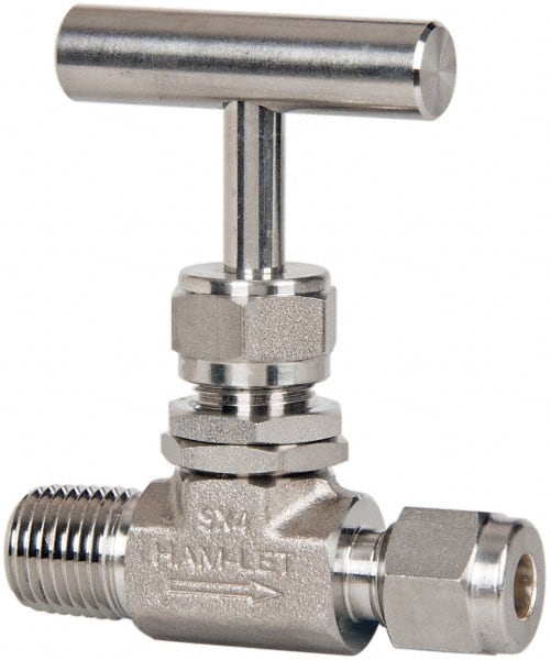 Ham-Let 3205226 Needle Valve: Round Knob Handle, Straight, 1/4 x 3/8" Pipe, MNPT x Compression End, Stainless Steel Body 