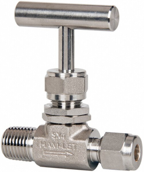 Needle Valve: Round Knob Handle, Straight, 1/4" Pipe, MNPT x Compression End