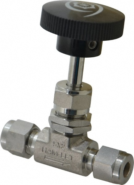 Ham-Let 3204807 Needle Valve: Round Knob Handle, Straight, 1/4" Pipe, Compression x Compression End, Stainless Steel Body Image