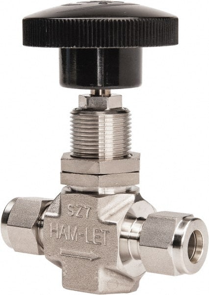 Ham-Let 3204808 Needle Valve: Round Knob Handle, Straight, 3/8" Pipe, Compression x Compression End, Stainless Steel Body 