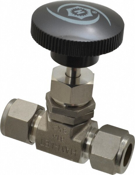 Needle Valve: Round Knob Handle, Straight, 1/2" Pipe, Compression x Compression End, Stainless Steel Body