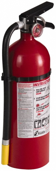 Strap Bracket: Dry Chemical, 4.5" Dia, 5 lb Capacity, Pressure Gauge - 195 psi, Rechargeable, Wall Mount, Aluminum, 18' Max, 15 sec Max