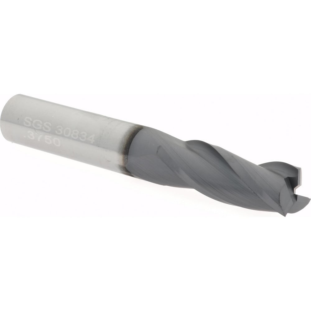 SGS 30834 Square End Mill: 3/8 Dia, 1 LOC, 3/8 Shank Dia, 2-1/2 OAL, 3 Flutes, Solid Carbide Image