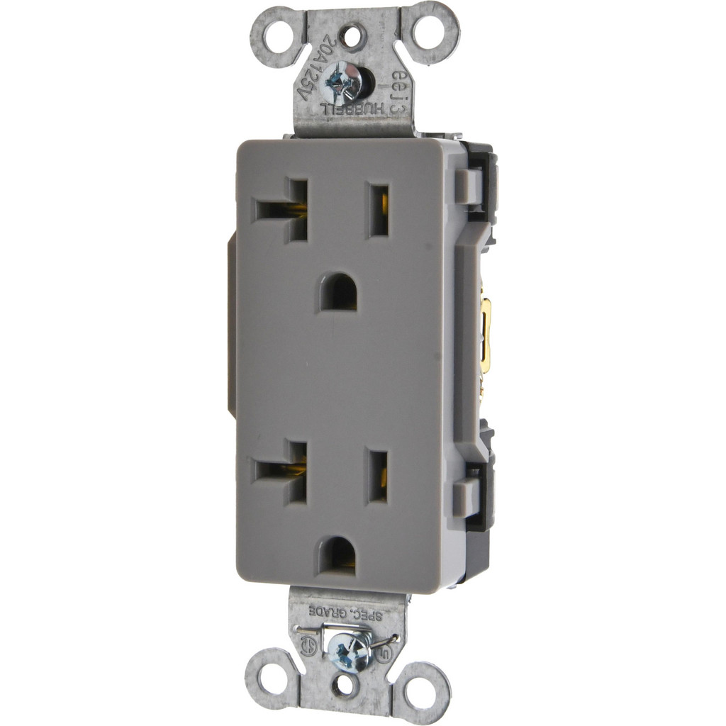 Hubbell Wiring Device-Kellems Straight Blade Duplex Receptacle: NEMA 5-20R, 20 Amps, Self-Grounding - Specification, Gray | Part #DR20GRY