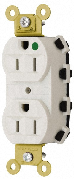 Straight Blade Receptacles: Receptacle Type: Duplex Receptacle; Grade: Hospital; Color: White; Grounding Style: Self-Grounding