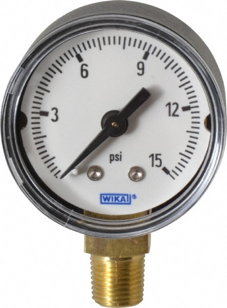 Wika 9747222 Pressure Gauge: 1-1/2" Dial, 0 to 15 psi, 1/8" Thread, NPT, Lower Mount Image