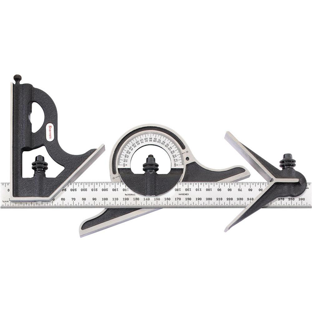 4 Piece, 300mm Combination Square Set - 0.5 & 1mm (Metric) Graduation, Hardened Steel Blade, Cast Iron Center, Protractor & Square Head