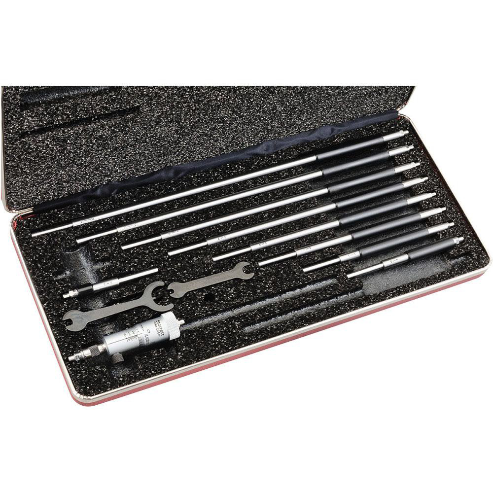 Mechanical Inside Micrometer Set: 2 to 12" Range, 10 Extension Rods, Satin Chrome Finish - Friction Thimble