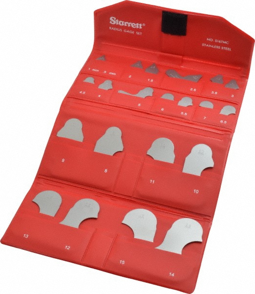Starrett 21 Pc, 1 to 15mm Radius, Stainless Steel Radius Gage Set