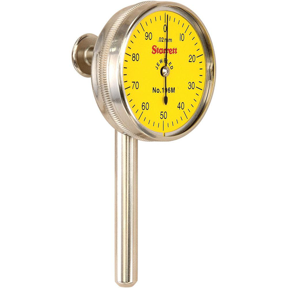 Horizontal Dial Test Indicator: 5.00 mm Max, 0-100 Dial Reading - Series 196, 1-7/16" Dia, Yellow Dial, 0.0200 Dial