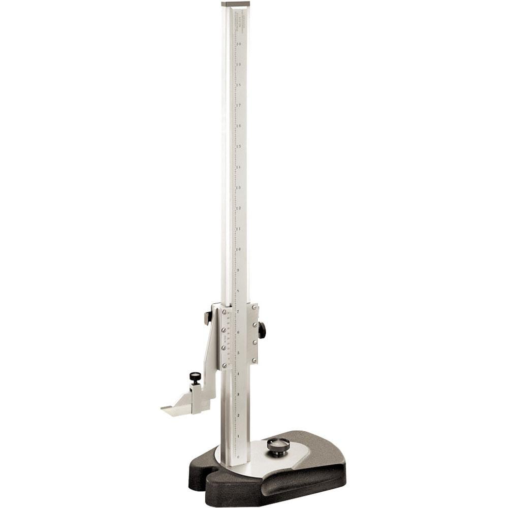 Vernier Height Gages; Maximum Measurement (Inch): 18 ; Graduation (Decimal Inch): 0.0010 ; Finish: Satin Chrome ; Features: Direct Reading; Flush Fitting; Hardened; Lapped; Quick-Adjust Release ; Minimum Measurement (Inch): 0