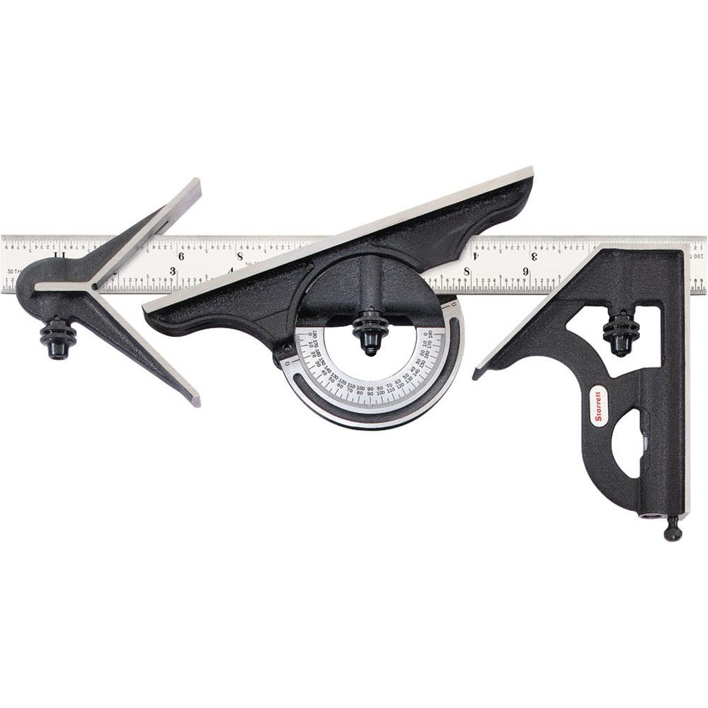 4 Piece, 12" Combination Square Set - 1/100, 1/32, 1/50 & 1/64" (16R) Graduation, Steel Blade, Cast Iron Center, Protractor & Square Head