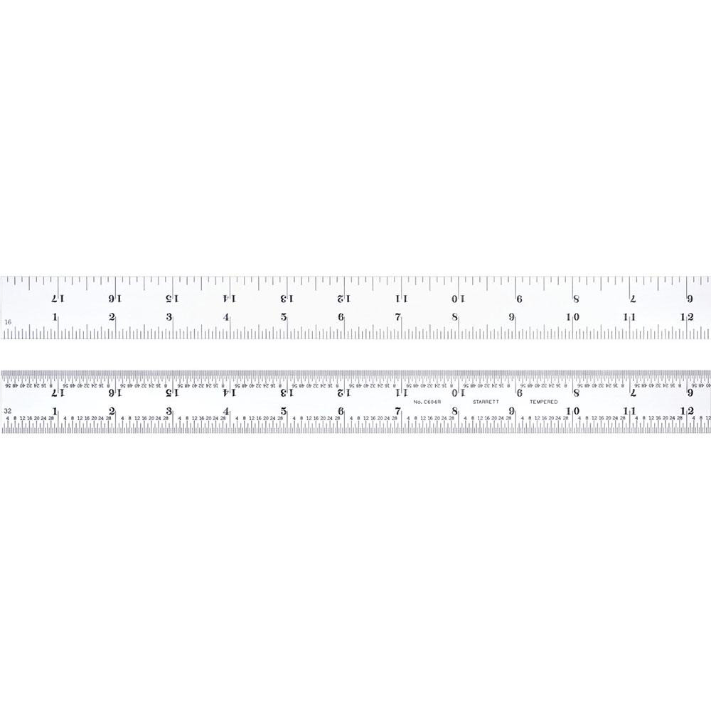 Steel Rule: 18" OAL, 4R Graduation, Rigid, 1-1/8" OAW - Silver, Satin Chrome-Plated, 1/16, 1/32, 1/64 & 1/8" Graduation