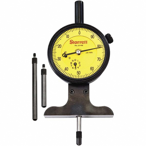 0 to 75 mm Range, Yellow Dial Depth Gage - 0.01 mm Graduation, 2-1/2 Inch Base Measuring Length