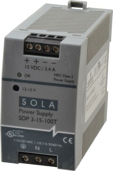 Sola/Hevi-Duty SDP3-15-100T 100 Watt, 4.2 to 3.4 Amp, 264 VAC, 375 VDC Input, 12 to 15 VDC Output, DIN Rail Power Supply 