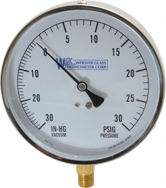 WGTC EA14 J Pressure Gauge: 4-1/2" Dial, 0 to 30 psi, 1/4" Thread, NPT, Lower Mount 