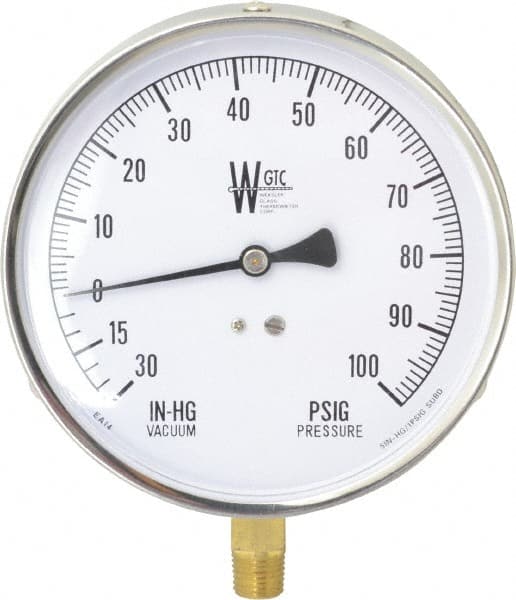 WGTC EA14 K Pressure Gauge: 4-1/2" Dial, 0 to 100 psi, 1/4" Thread, NPT, Lower Mount 