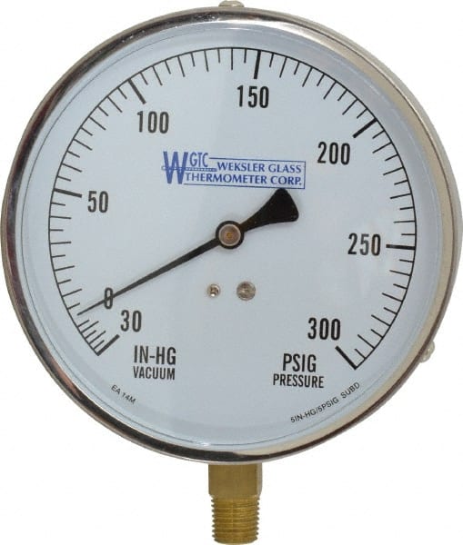 WGTC EA14 M Pressure Gauge: 4-1/2" Dial, 0 to 300 psi, 1/4" Thread, NPT, Lower Mount 