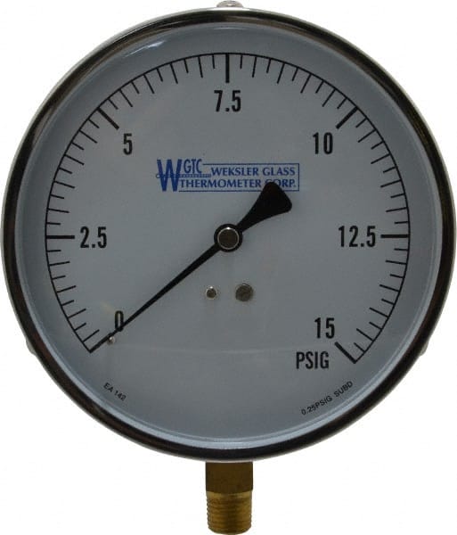 WGTC EA/142 Pressure Gauge: 4-1/2" Dial, 0 to 15 psi, 1/4" Thread, NPT, Lower Mount 