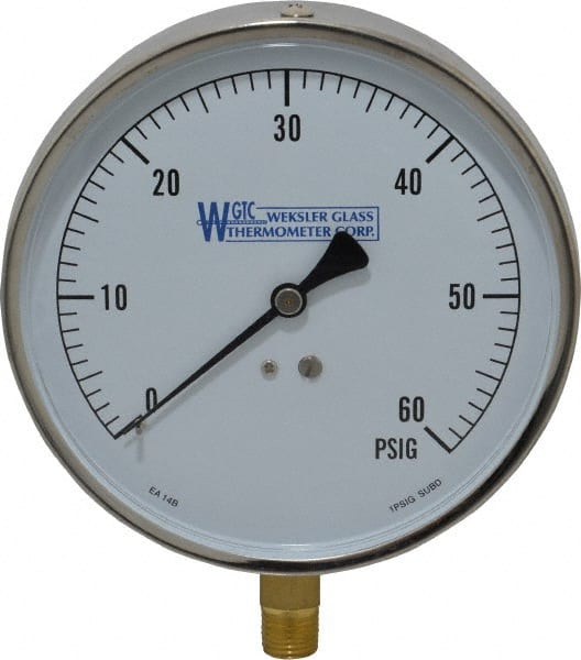 WGTC EA14 B Pressure Gauge: 4-1/2" Dial, 0 to 60 psi, 1/4" Thread, NPT, Lower Mount 