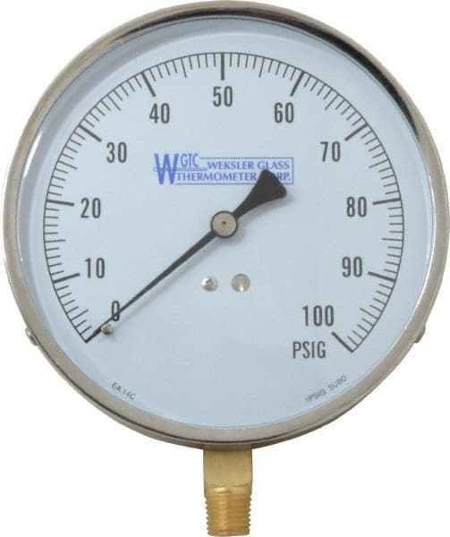 WGTC EA14 C Pressure Gauge: 4-1/2" Dial, 0 to 100 psi, 1/4" Thread, NPT, Lower Mount 