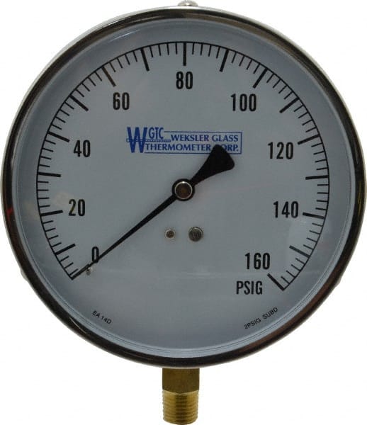 WGTC EA14 D Pressure Gauge: 4-1/2" Dial, 0 to 160 psi, 1/4" Thread, NPT, Lower Mount 