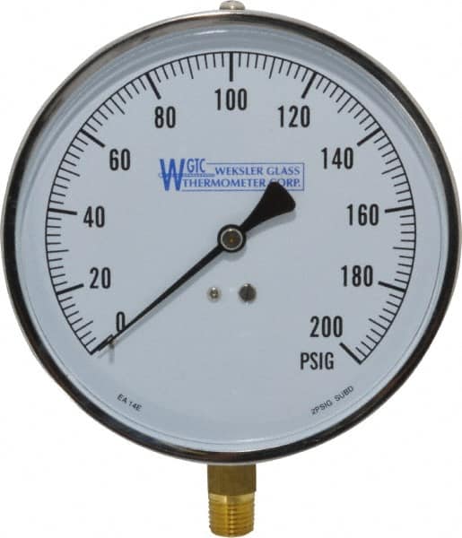 WGTC EA14 E Pressure Gauge: 4-1/2" Dial, 0 to 200 psi, 1/4" Thread, NPT, Lower Mount 