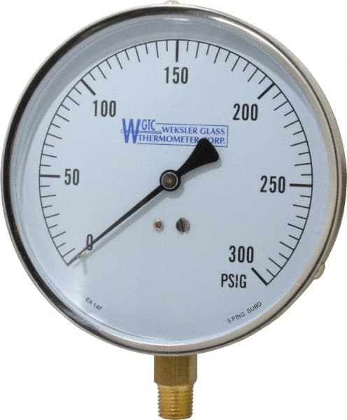 WGTC EA14F Pressure Gauge: 4-1/2" Dial, 0 to 300 psi, 1/4" Thread, NPT, Lower Mount 