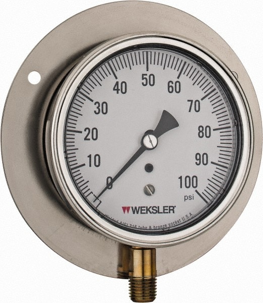 Made in USA BA13XPF4LW Pressure Gauge: 3-1/2" Dial, 100 psi, 1/4" Thread, NPT, Lower Mount Image